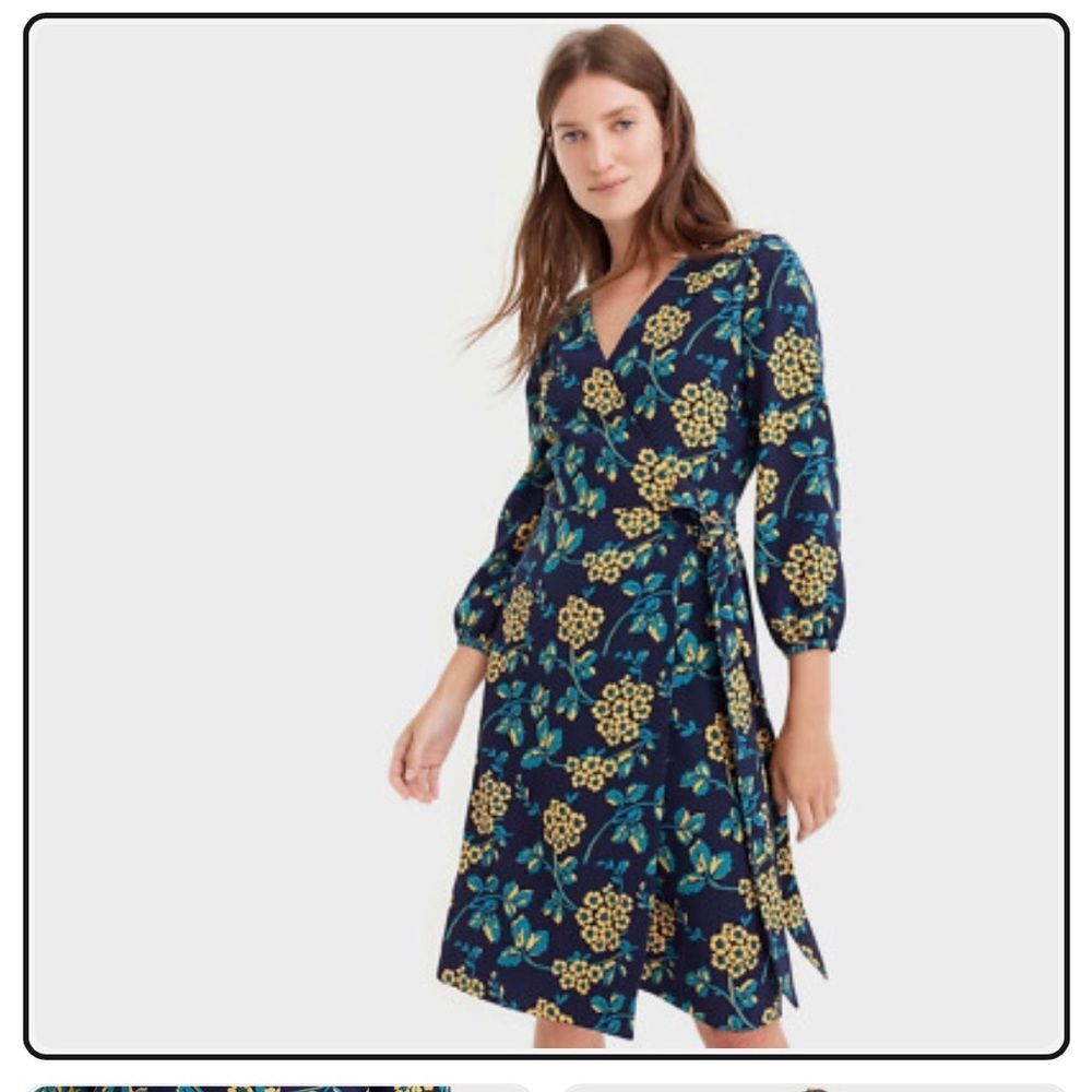 J crew golden Floral Wrap Midi Dress in Navy and Yellow size 4